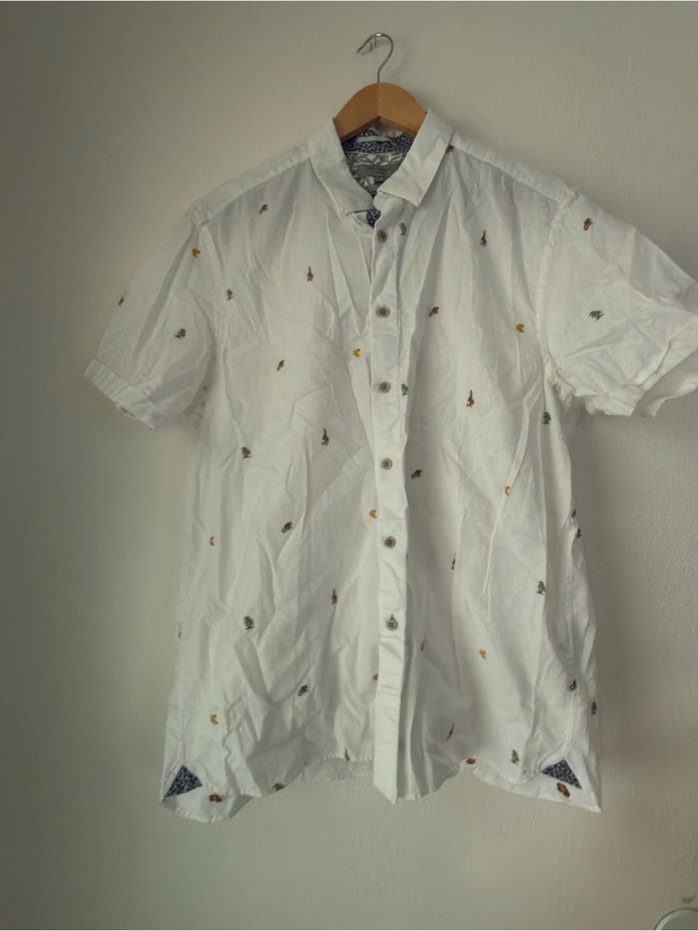 Ted Baker White Banana Palm Tree Monkey Print Button Down Short Sleeve Shirt M